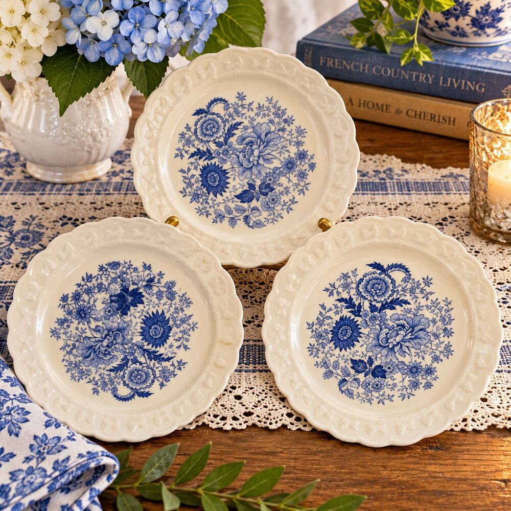 Vintage Taylor Smith & Taylor Blue Floral 7" Plates Set of 3 Scalloped USA